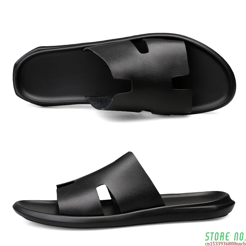 hot sale genuine leather men slippers outside black white shoes casual soft flip flops brand male shoes cool beach summer slides free global shipping