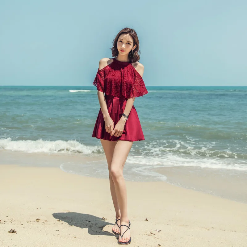 

One-Piece Solid Swimsuit Sexy Bikini Sets Girl Beachdress Skirt Off Shouluder Swimwear Bathing Suit Beachwear Female M-2xl