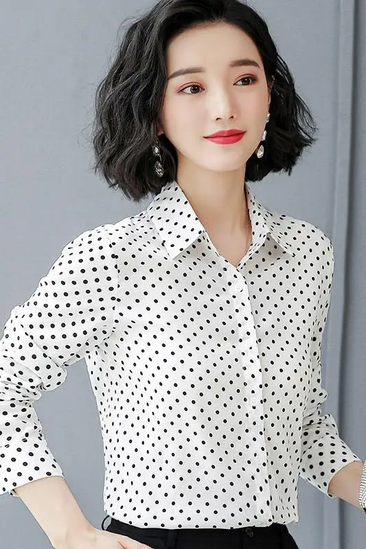 

COIGARSAM Fashion Chiffon Shirt Womens tops New Spring Polka Dot Women shirts White Dots Powder Point 01838
