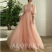 pink tulle party dresses women evening dress 2021 long sleeve high neck special occasion dresses night womens elegant formal