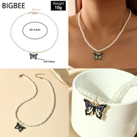 boho retro pearl necklaces for women elegant chocker clavicle chain enamel butterfly pendant necklace girls fine simple jewelry