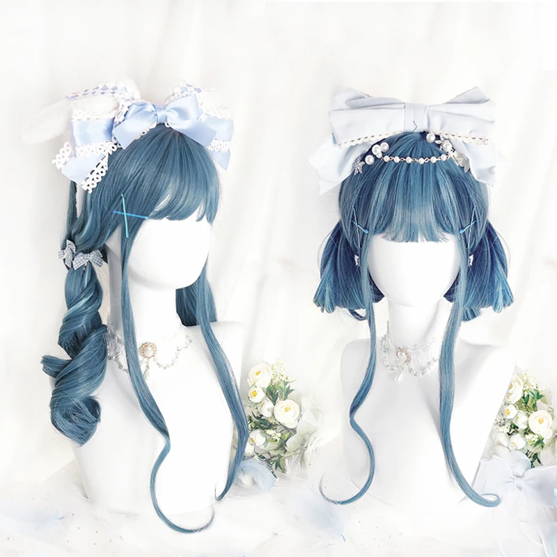 

Синие синтетические парики с челкой, длинные волнистые парики для женщин, черный/Блонд/имбирь, парик для косплевечерние вечерний термостой...