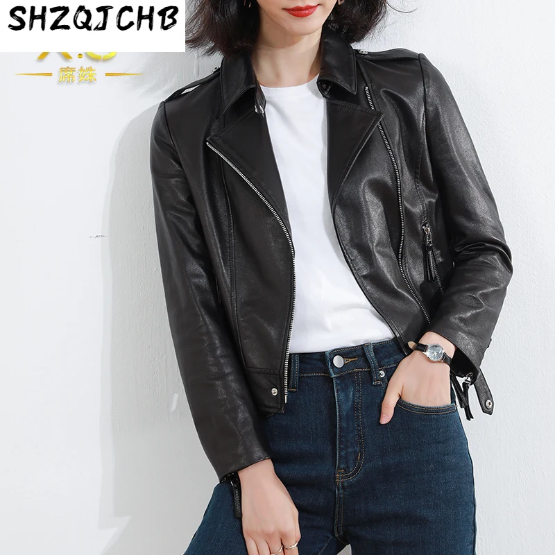 

SHZQ 2021 Осенняя новая куртка из овечьей кожи растительного дубления локомотивная женская короткая однотонная кожаная куртка