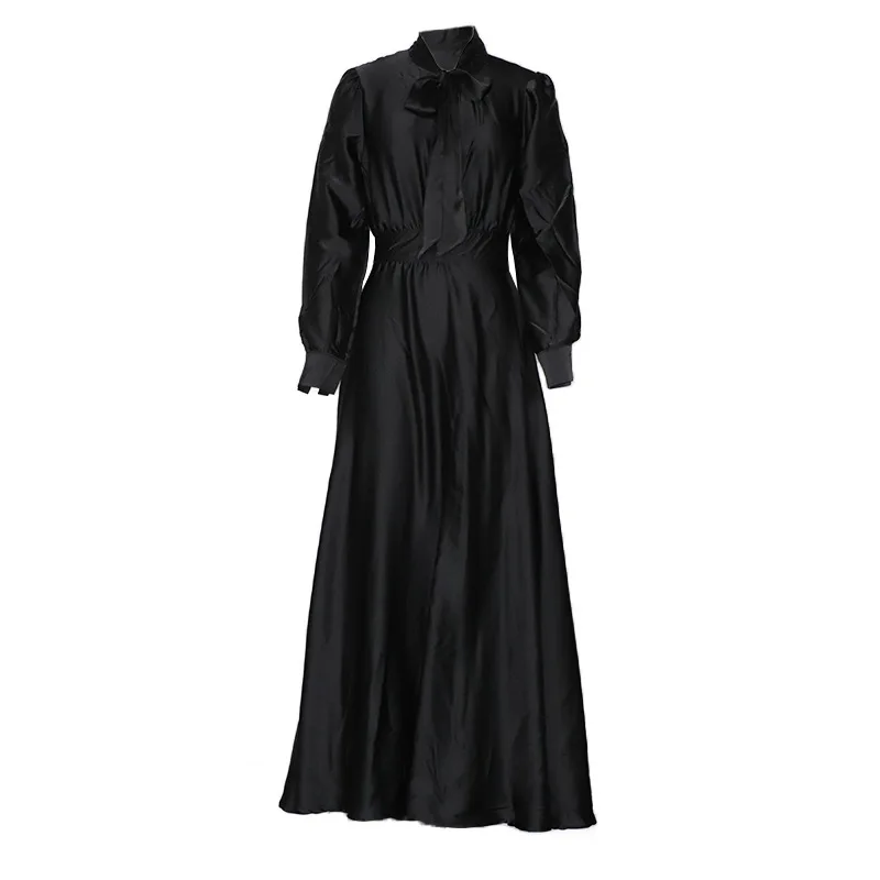 

Bow Tie Dress Woman 2021 Summer Vintage Elegant Long Party Dress Casual Long Sleeve Slim Solid Office Ball Gown Maxi Dresses 3XL