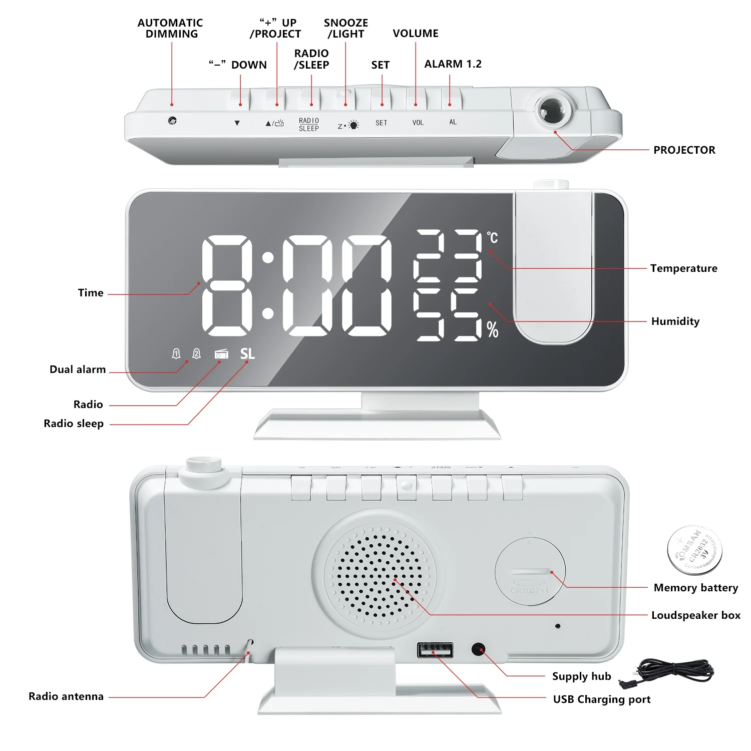 3 Color LED Digital Alarm Clock Watch Table Electronic Desktop Clocks USB Wake up FM Radio Time Projector Snooze Function | Дом и сад