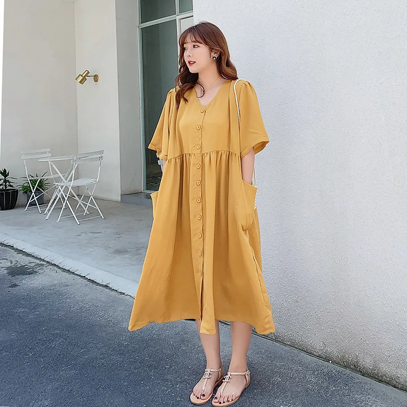 

Women Summer Dress 2020 Casual V-neck Button Pocket Short Sleeve A-line Long Dresses For Women Korean Vestidos