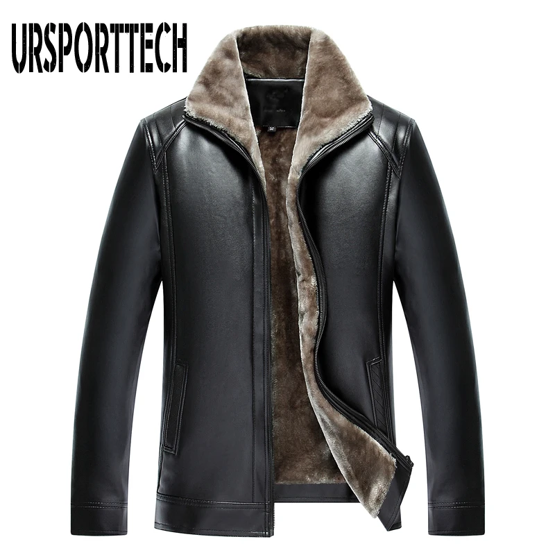 New Fashion Men's PU Leather Jacket Mens Brand Clothing Thermal Outerwear Winter Fur Male Fleece Leather Down Jackets Coats