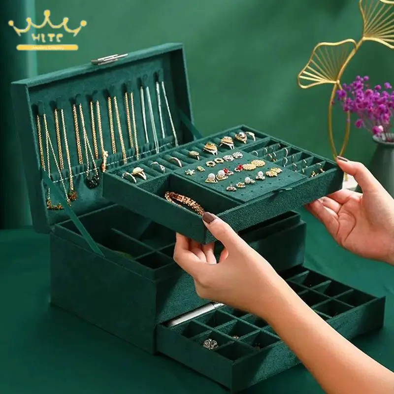 

Retro Dark Green Suede Three-Layer Jewelry Storage Box with Drawers and Lock Jewelry Storage Box