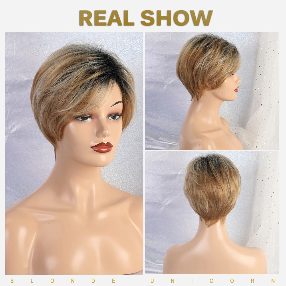 Blonde Unicorn 8 Inch Synthetic Pixie Cut Women Wigs with Natural Bang Fluffy Straight 50% Human Hair Light Brown Short Hair Wig