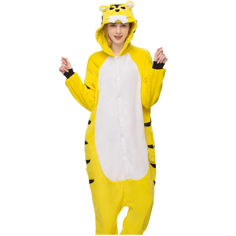 Yellow Animal Cartoon Tiger Pajamas Flannel Adult Unisex Home One-piece Sleepwear Christmas Halloween Cosplay Onesie Costume