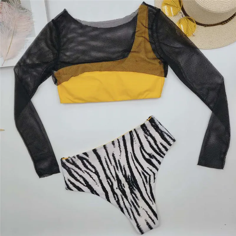 Mesh long sleeve swimsuit female One shoulder swimwear women High waist bikini set Zebra print bathing suit Sexy biquini