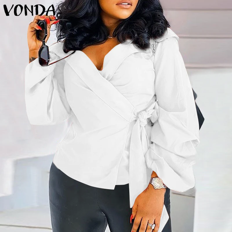 

Весенняя блузка VONDA, Осенние сексуальные топы с глубоким V-образным вырезом и длинным рукавом и поясом, богемные женские блузы, офисные рубаш...