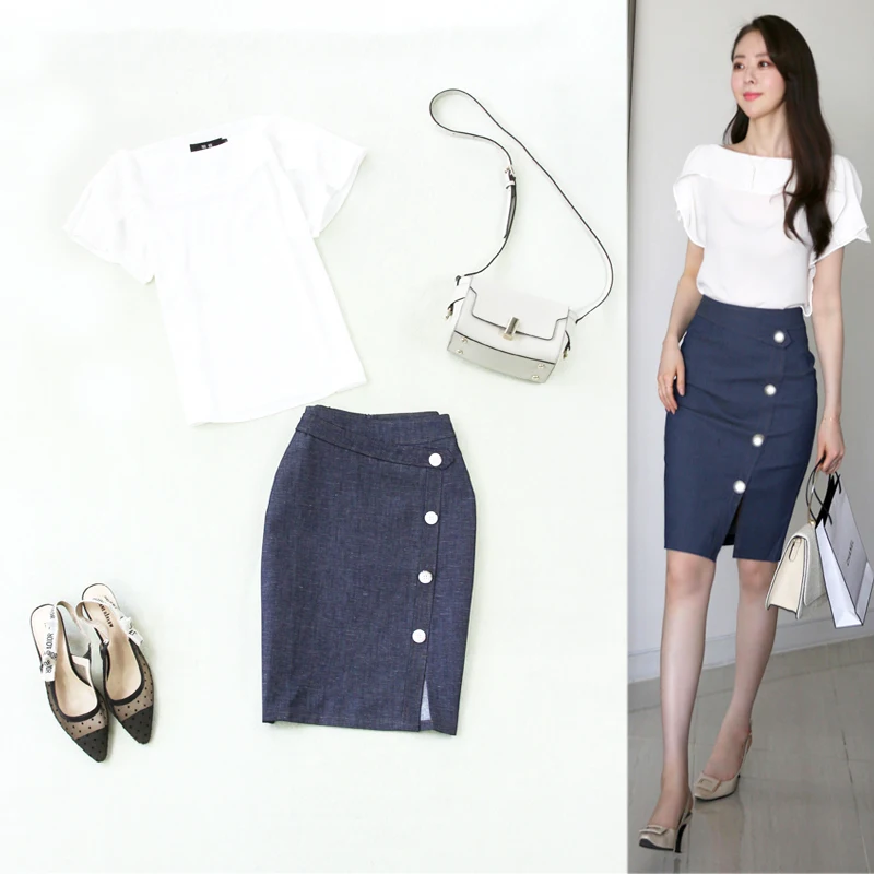 

Женский костюм из двух предметов, летняя новая модная белая шифоновая рубашка с вырезом + джинсовая сумка, юбка-карандаш до бедра, комплект из 2 предметов для женщин 0 л