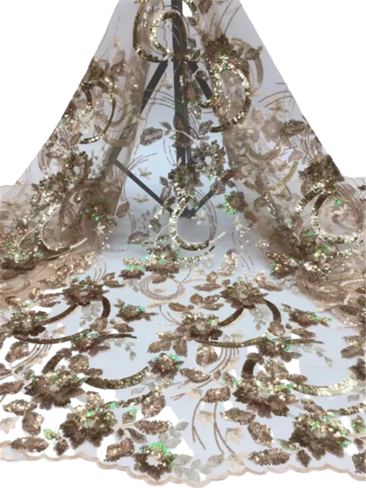 

Sequins Tulle Lace Gold African Sequence Lace Fabric High Quality Nigerian French Mesh Net Lace Fabric FF533