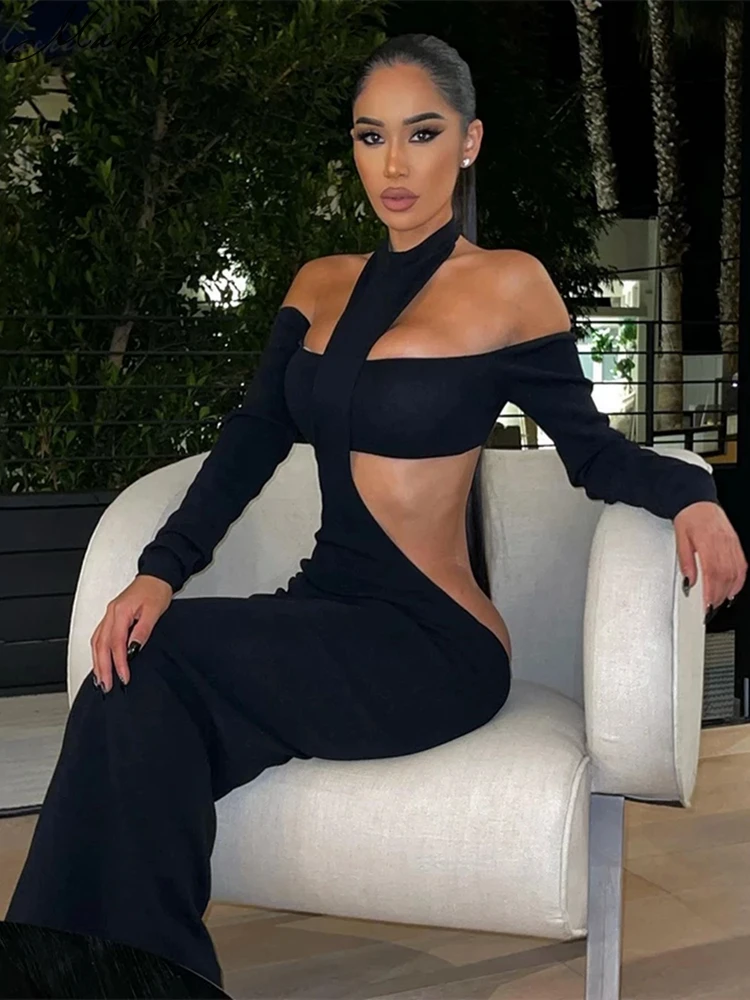

Macheda Autumn waist back hollow-out long-sleeve two-piece set knee-length dress sexy fashion party dress slim soft sexy full