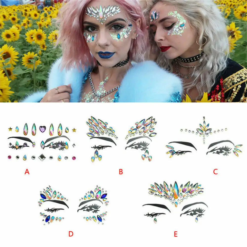 Face Gems Rhinestone Temporary Tattoo 3D Face Tattoo Crystal Stickers Body Eyes Glitter Stickers Temporary Tattoos Sticker