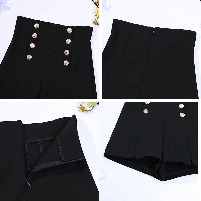 

Design Black High-Waist Shorts Women Casual Double-Breast A-Line Female Wide Leg High Street Sexy Joker Lady Stretch Short