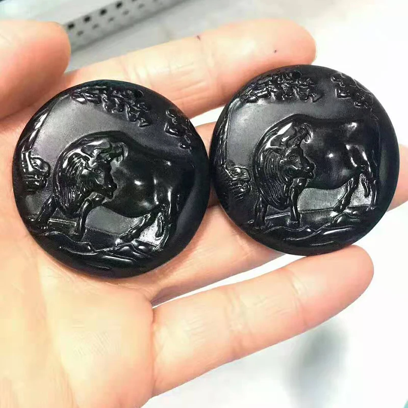 

Natural Obsidian Cattle Jade Pendant Jewelry Lucky Exorcise evil spirits Safety Auspicious Amulet Pendant Jade Fine Jewelry
