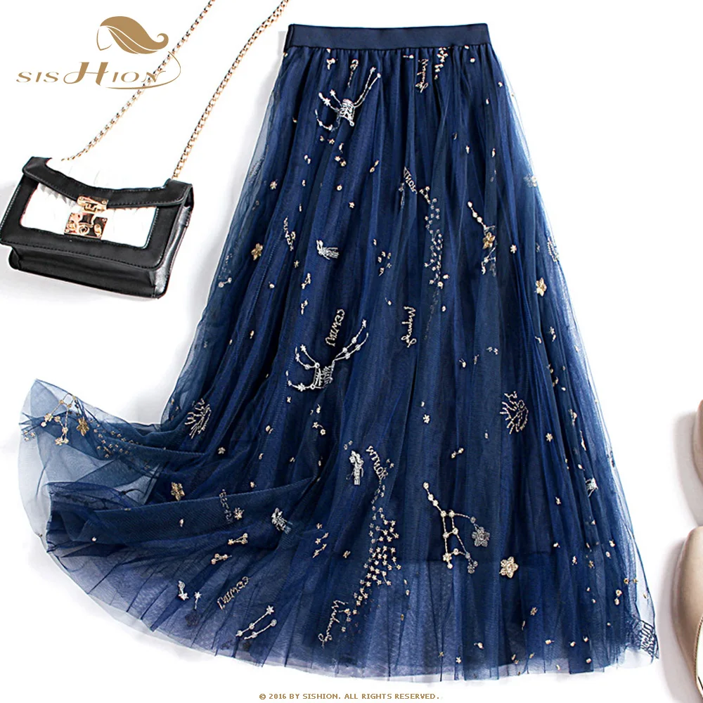 Женская Осенняя юбка с вышивкой SISHION WF0165 длинная сетчатая высокой талией в