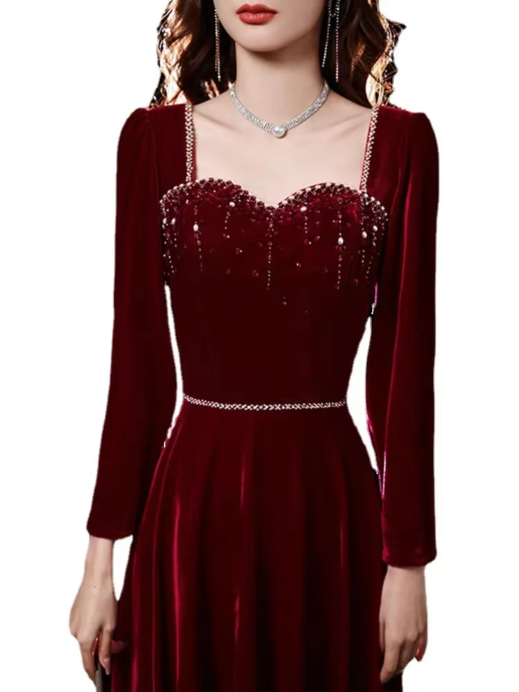 Quality Retro Evening Dresses Burgundy Velvet A-Line Crystal Square Collar Ankle-Length Full Sleeves Fashion Exquisite Prom Gown | Свадьбы и