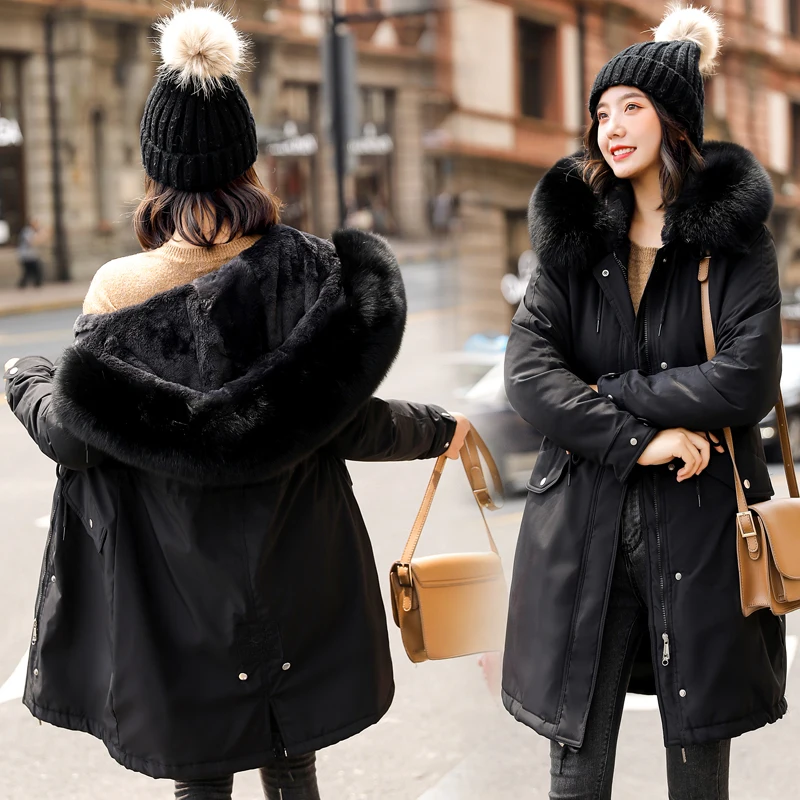 Женская парка хлопковая куртка 2019 однотонное пальто с мехом зимнее длинное