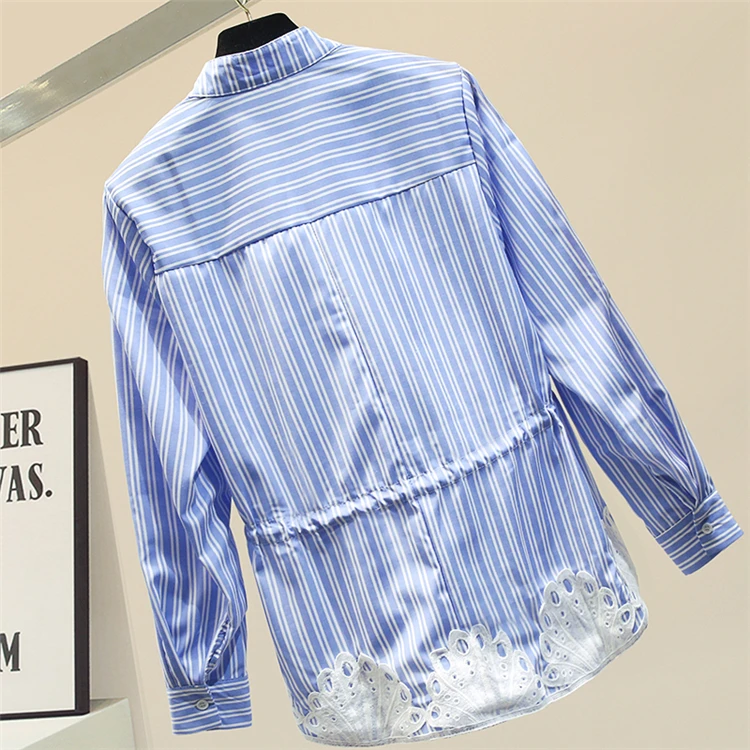 WHITNEY WANG Blouses 2020 Spring Fashion Streetwear Lace Embroidery Pearls Beading Striped Blouse Women Blusas Lady Shirt Top | Женская