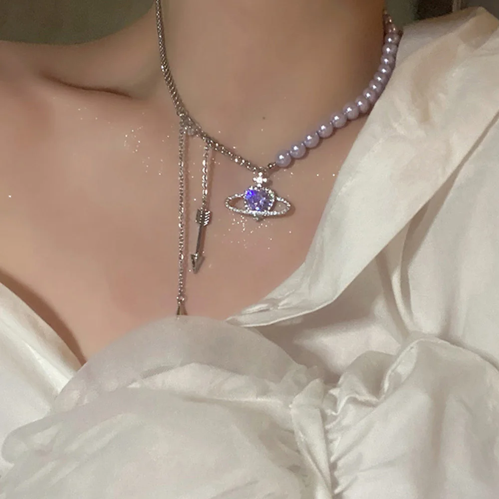 

Trend Purple Planet Necklaces For Women Fashion French Romantic Style Heart Shape Clavicle Chain Vintage Beach Jewelry Gift