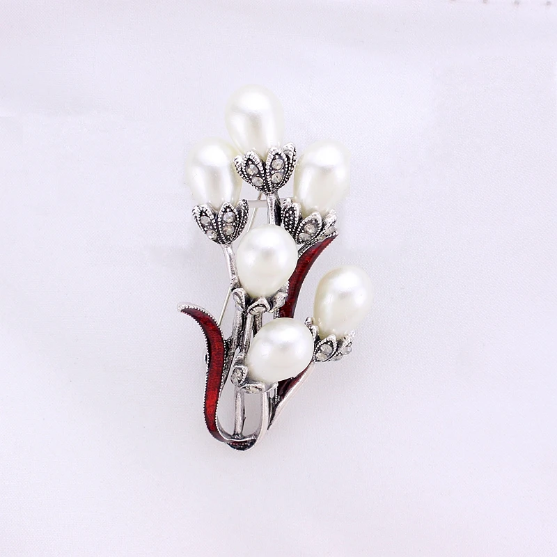 TANGTANG Flower Brooch For Women Simulated Pearl Brooches Morning Glory Antique Silver Plated Pin Enamel Article Jewelry | Украшения и