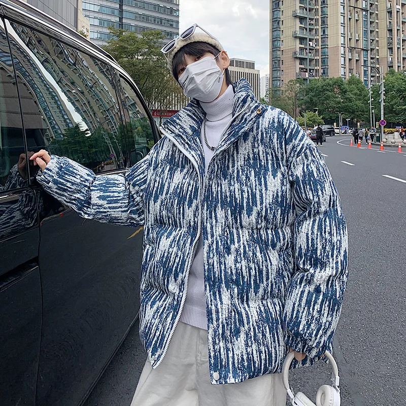 Men's Fashion Stand-up Collar Cotton-padded Jacket Thick Striped Tide Brand Ins Loose Bread Clothes Harajuku Winter Jacket Men