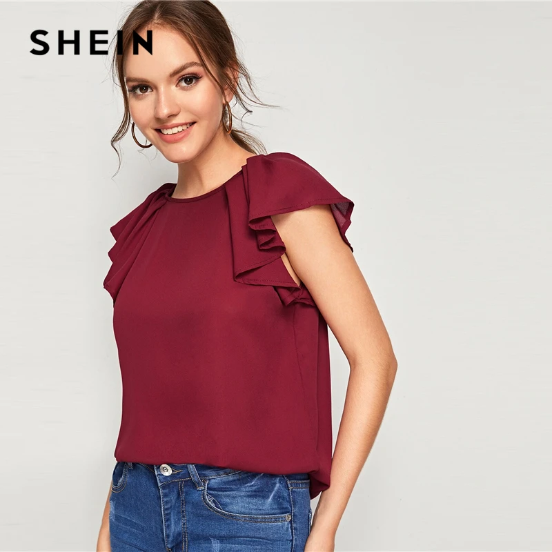 SHEIN модная повседневная однотонная блуза с завязками на спине, реглан, гофрированные плечи,, милые летние офисные женские топы с коротким рукавом и блузки