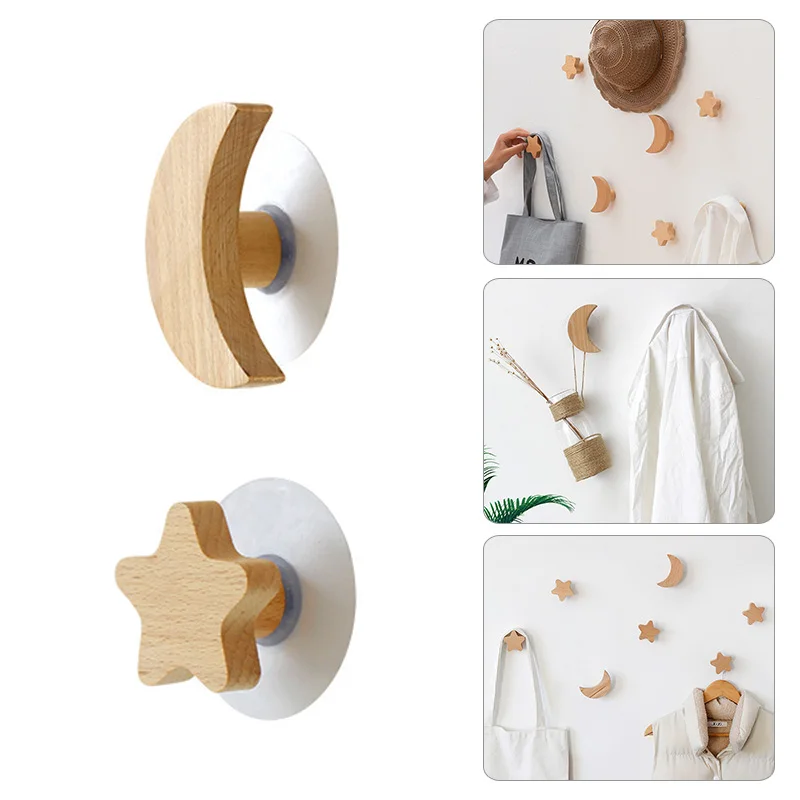 

Solid Wood Star Moon Shape Hooks Towels Coat Bags Clothes Storage Hook Self Adhesive Wall Mounted Kid Children Room Decoration