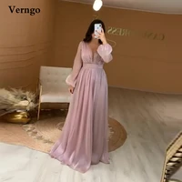verngo dusty pale silk evening dress puffy long sleeves pleats dubai saudi formal prom gowns women special occasion dresses