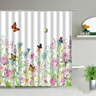 Водонепроницаемая Штора для душа, тканевый декоративный занавес с крючками, с изображением цветов, бабочек, ландшафта, цветов, растений