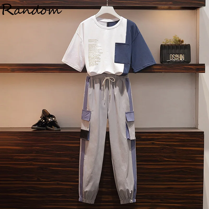 

2021 Summer Women Plus Size Cotton Sports Suit T Shirt Top And Cargo Pant Two Piece SportwearTracksuit Matching Set Run Outfit