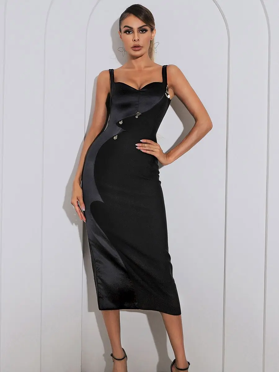 

2021 New Summer Women Spaghetti Strap Bandage Dress Sexy Sleeveless Patchwork Bodycon Celebrity Club Evening Party Midi Dresses