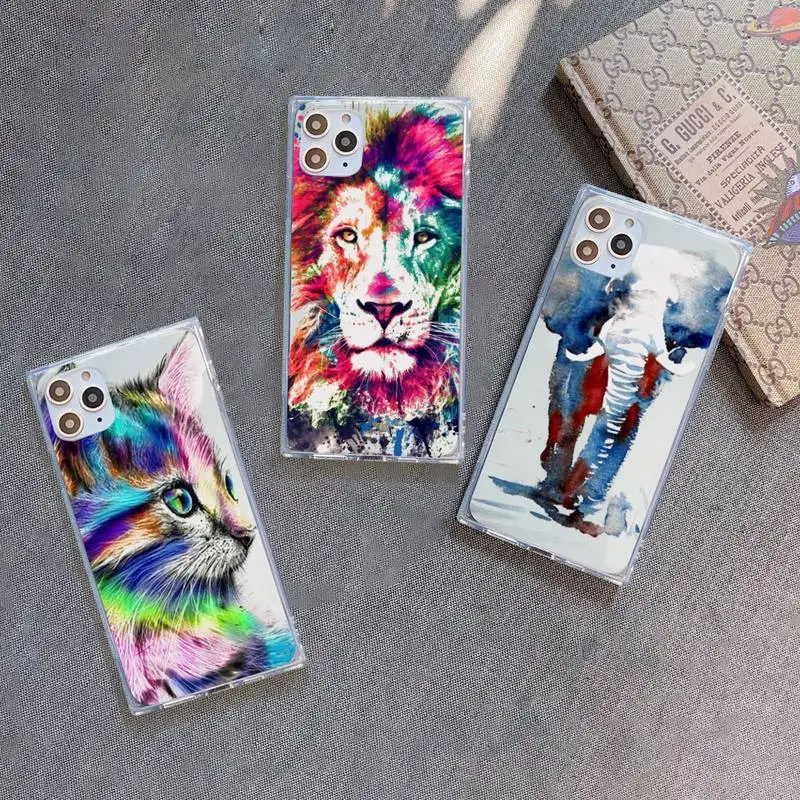 

design cat wolf lion tiger colors Phone Case For iPhone 7 8 11 12 X XS XR MINI Pro Max Plus Clear Square Transparent