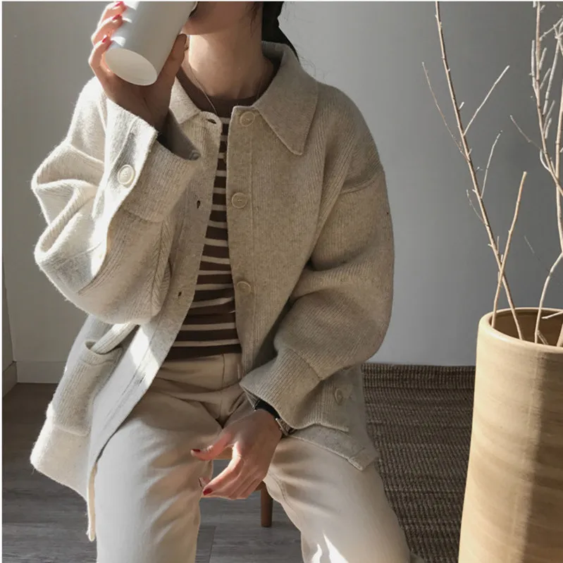 New cardigan women sweater pure color loose minimalist lapel long sleeve for autumn winter 2020 |