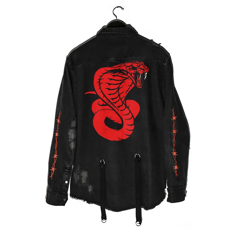 

Harajuku Gothic Demon Hunter Skull Black Denim Jacket Men Rock Punk Heavy Metal Sweatshirt Sudadera Suspenders Hole Streetwear