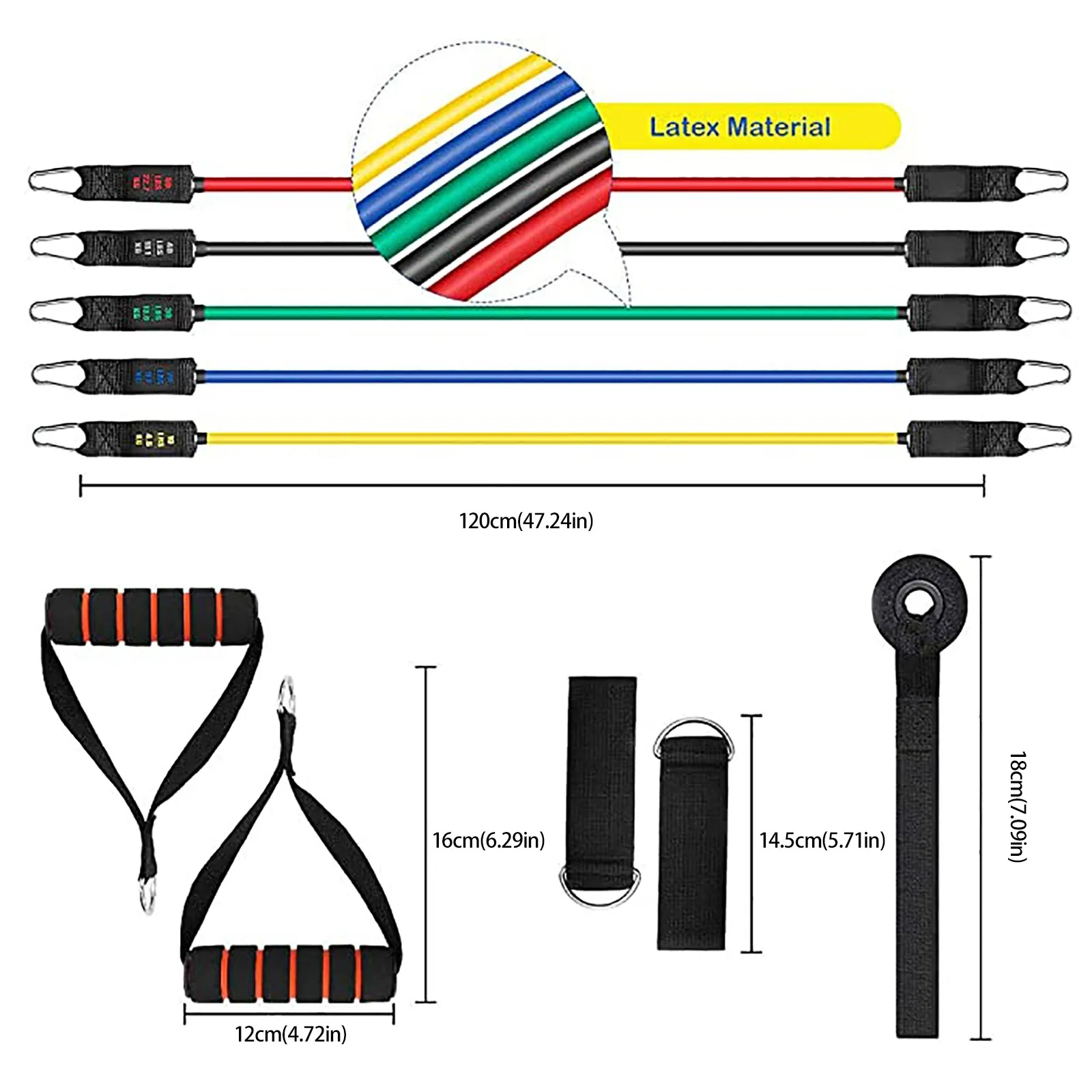

150LB 11 PCS Latex Resistance Bands Set 48'' Rubber Elastic Fitness Bands Yoga Tubes Pull Rope for Training Exercise