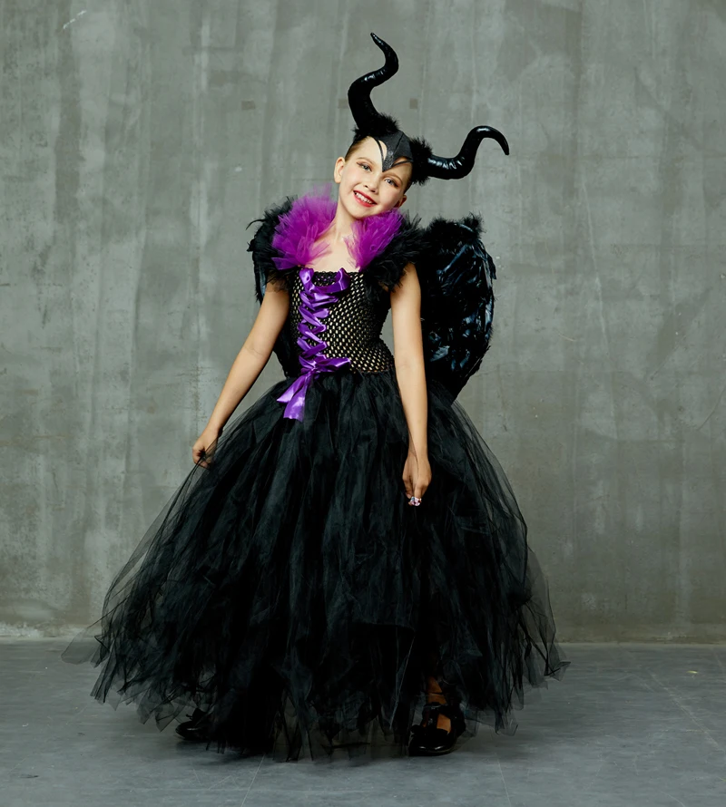 Maleficent/черное платье-пачка с роскошными рогами и крыльями; нарядное платье для девочек; Детский костюм ведьмы для косплея на Хэллоуин