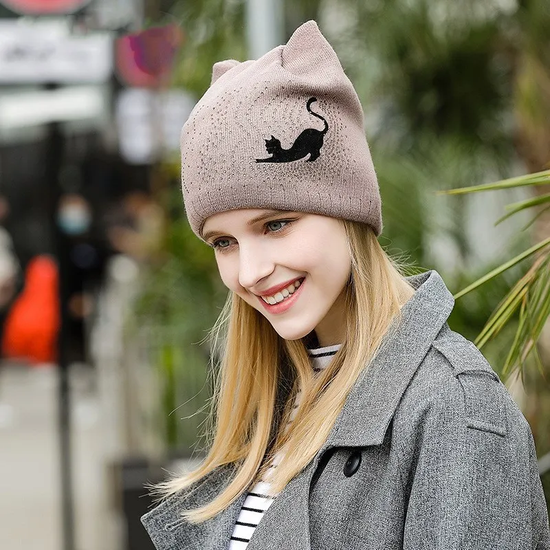 Новинка модные Универсальные милые шапки Obawa с кошачьими ушками черная вязаная
