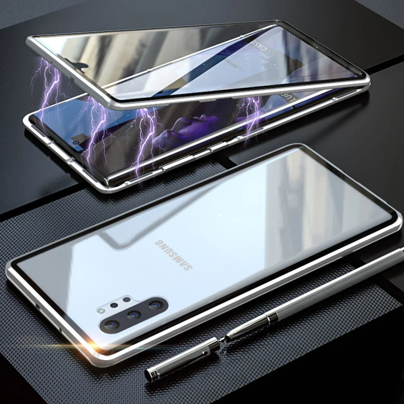 Двухсторонняя, для стекла металлический магнитный чехол для samsung Galaxy Note 10 плюс 360 полная защита Прозрачная крышка для samsung Note10 чехол - Цвет: silver