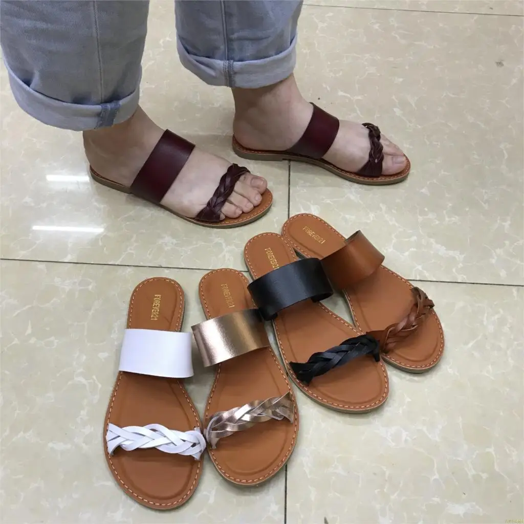 Factory direct women's leather solid color two-layer flat bottom beach seaside holiday fashion slippers | Обувь