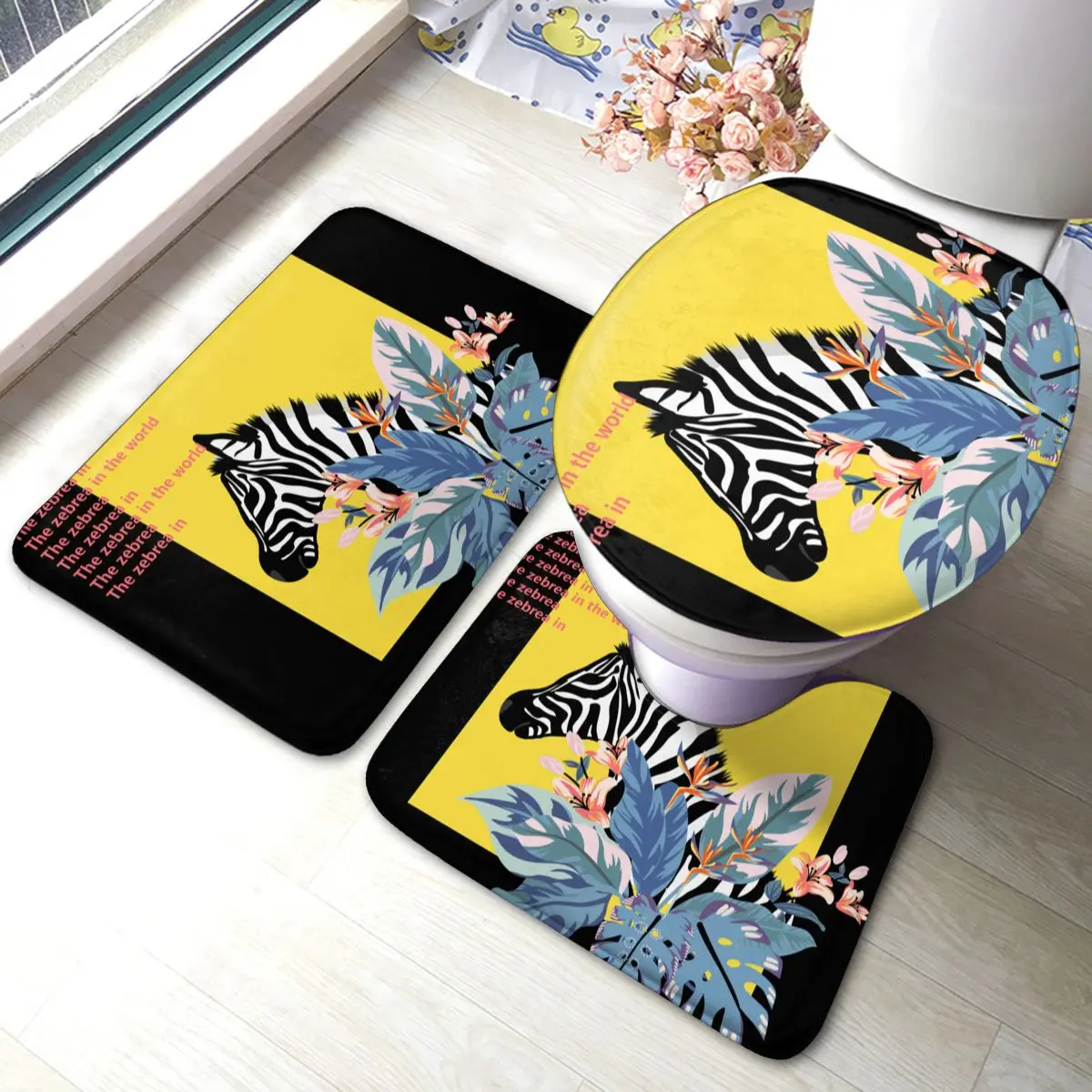 

Zebra Tropical Bath Mat Toilet Soft 3 Piece Bathroom Mat Set Modern Polyester Bathroom Rug