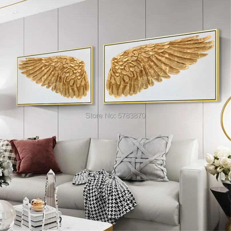 Ручная роспись золотая птица Масляные картины Крылья Ангела стены Искусство