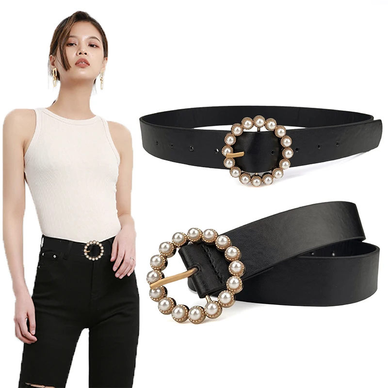 

New Style Ladies PU Leather Belt with Pearl Buckle Decoration Trousers Women Fashion Woman Belts for Dress Luxury Cowboy Brand