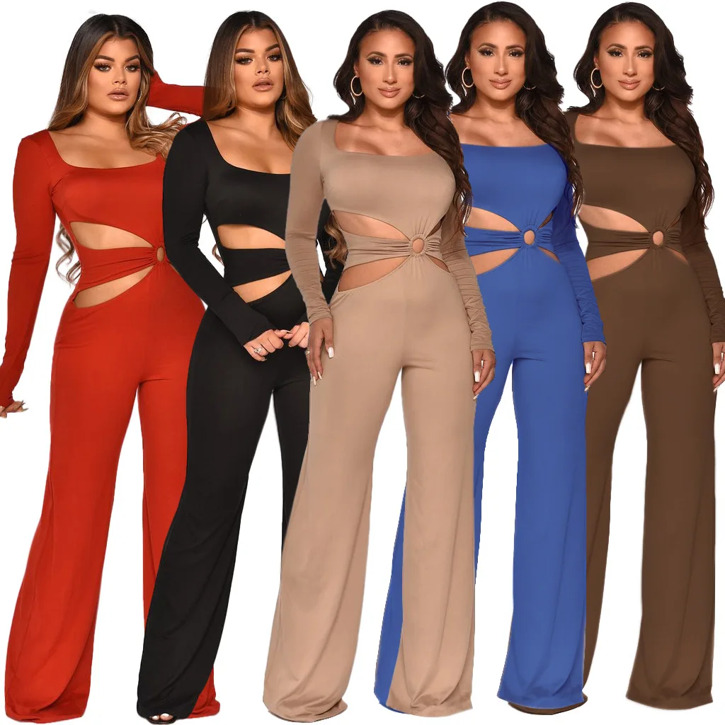 

Women Jumpsuit Solid Hollow Out Stretchy Wide Leg Rompers Fashion Autumn Female Casual One Piece Overalls Outfits