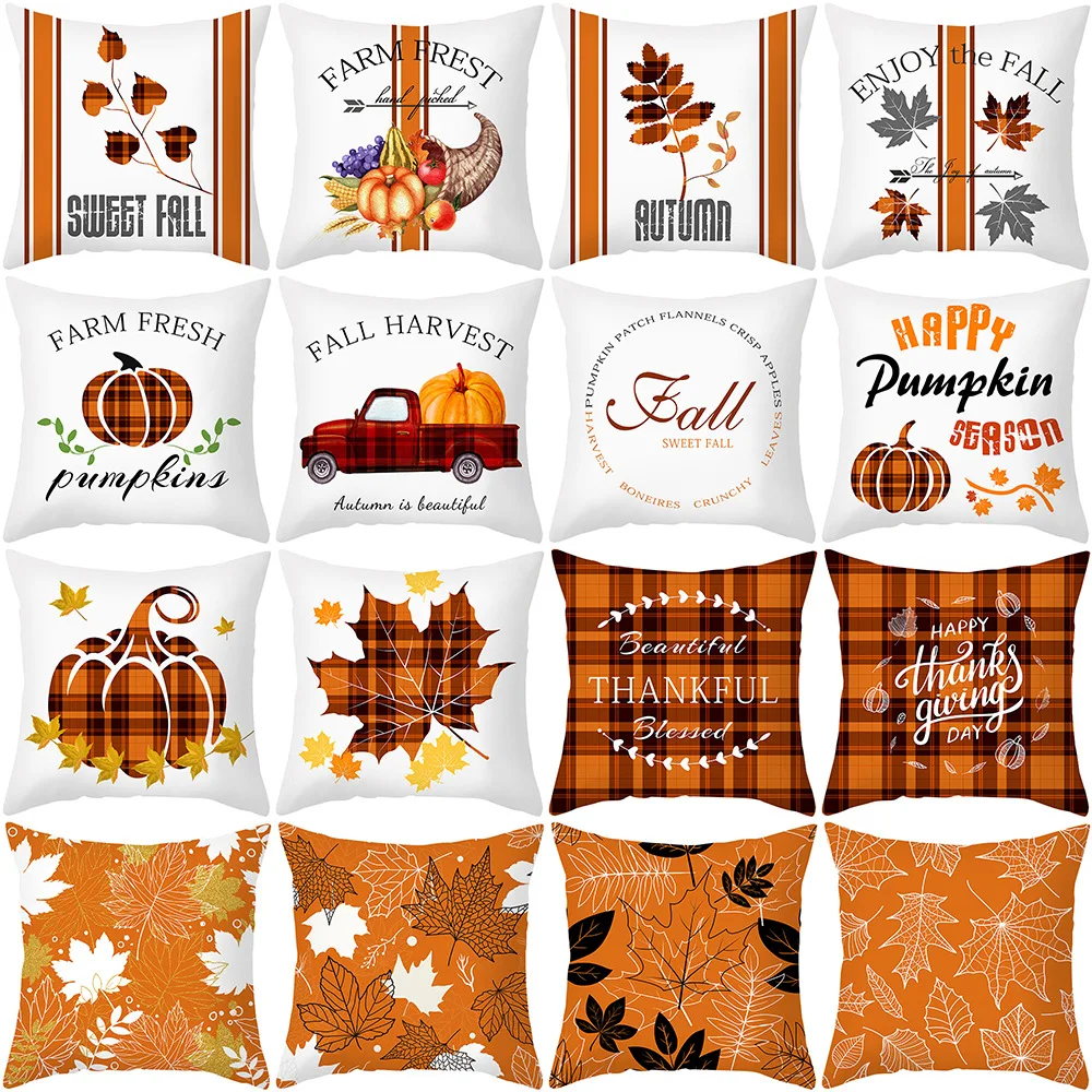 

Thanksgiving Decor Throw Pillow Case for Living Room Pumpkin Truck Plaid Cushion Cover 45x45 cm Autumn Pillowcase for Chair Seat