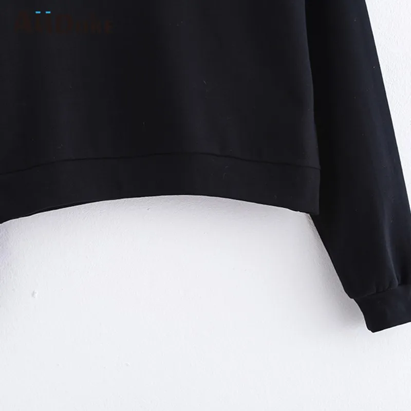 

ALLDOKE autumn winter sweatshirt women oversized short tops turn-down collar drop-shoulder black sweatshirt moletom feminino