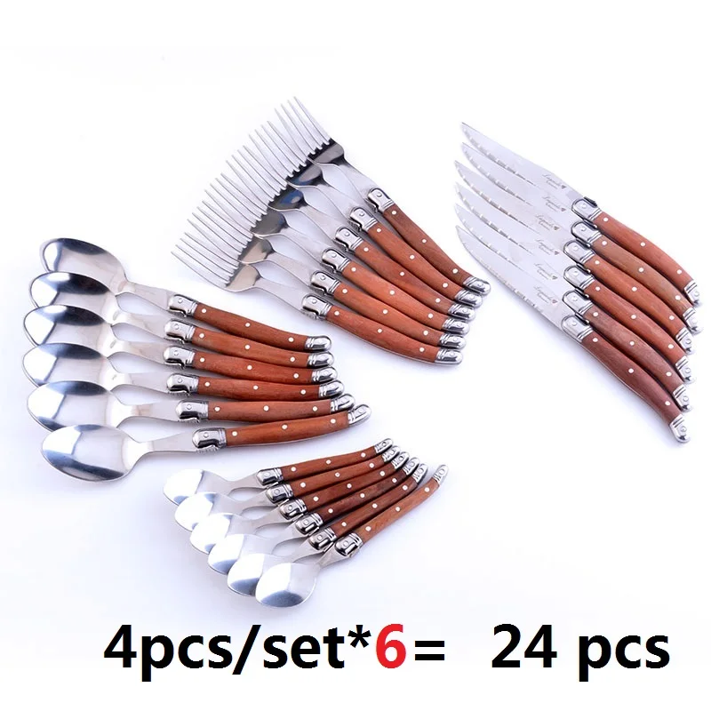 6set 24pcs 4 шт./компл. стиль Laguiole ножи для стейка вилка ложка деревянная ручка японские столовые приборы из нержавеющей стали ресторанная посуда Рождество - Цвет: 6set 24pcs